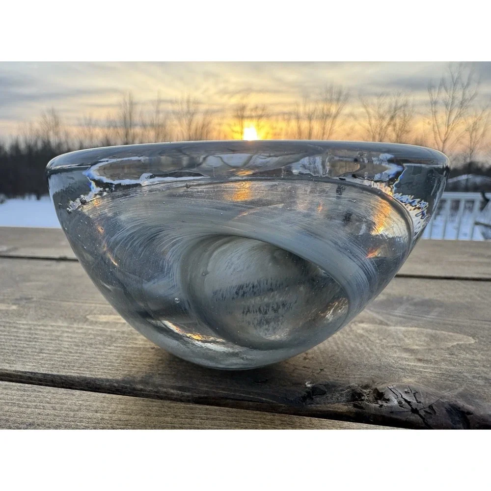 Kosta Boda Art Glass Grey Smoke Swirl Atoll Candle Votive Bowl Scandinavian